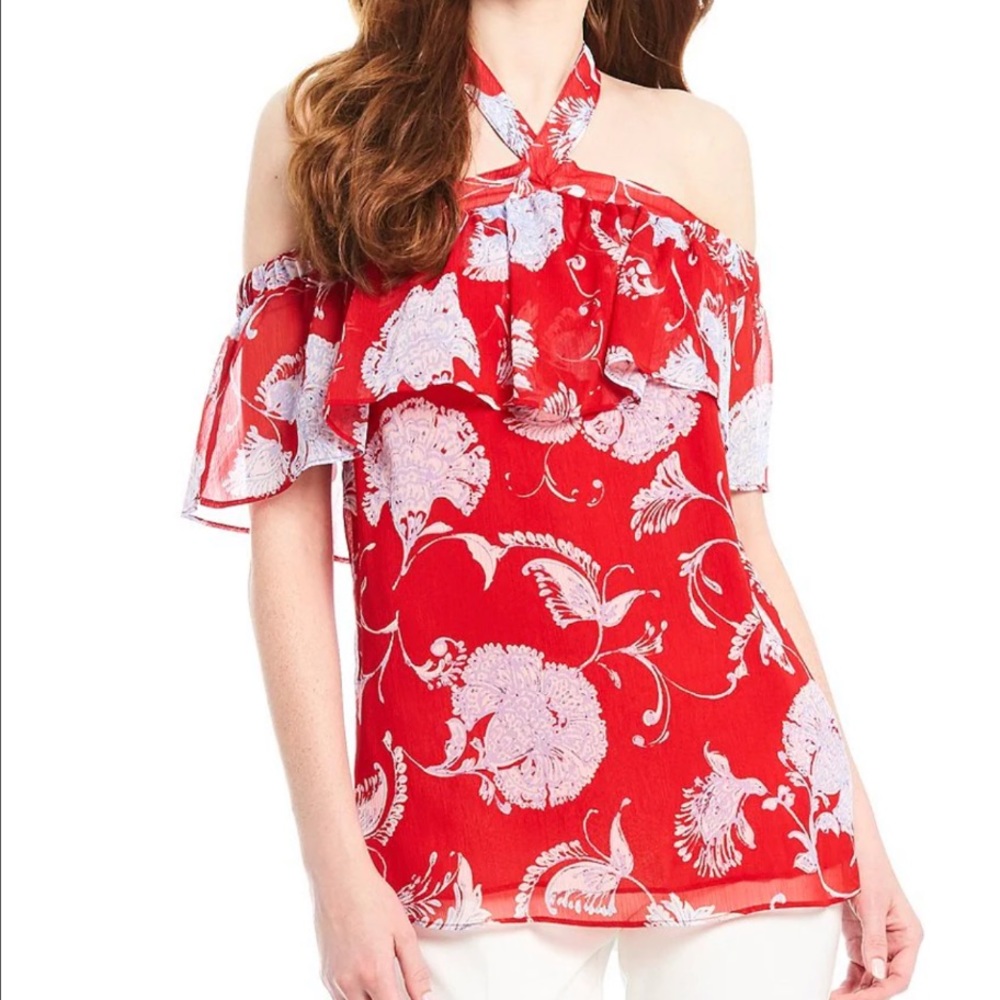 Tommy Hilfiger | Floral Print Ruffle Overlay Halter Neck Off-The-Shoulder Top